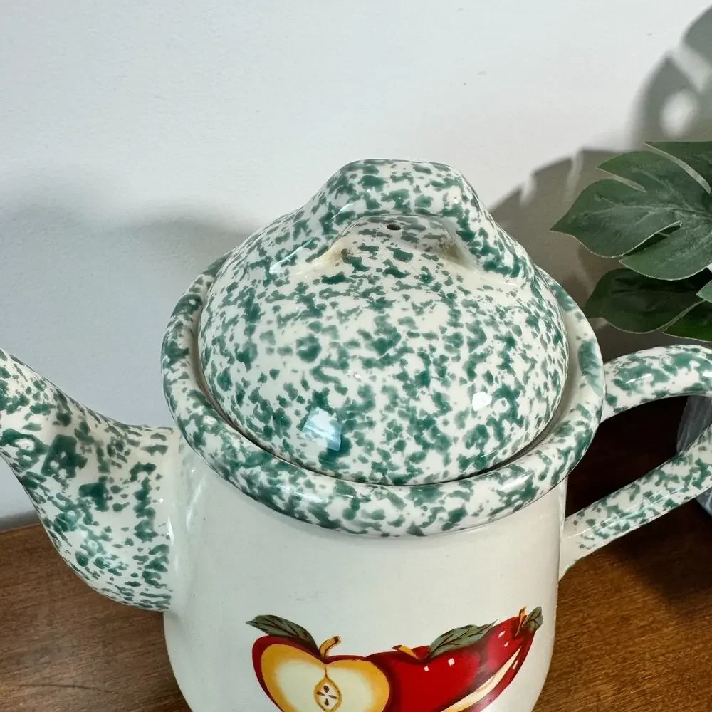 Vintage Apple Green Spongeware Teapot THT 1995 Tenderheart Treasures 9
